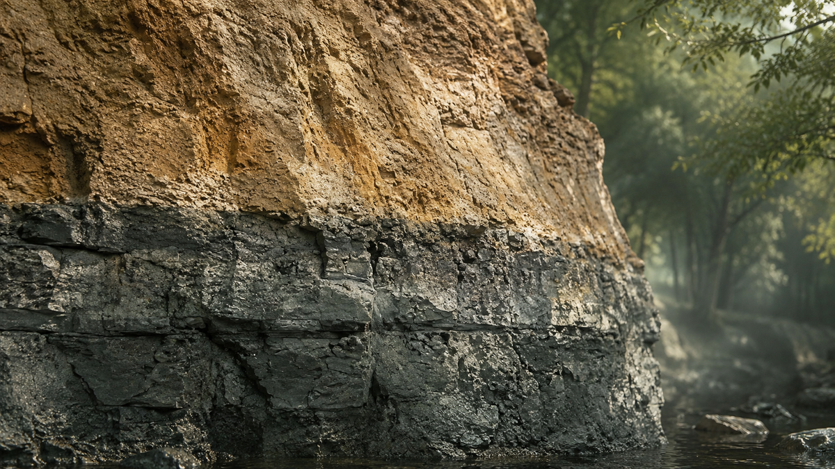 A layered rock face at the water's edge: a golden terrestrial upper stratum over a dark oceanic lower stratum
