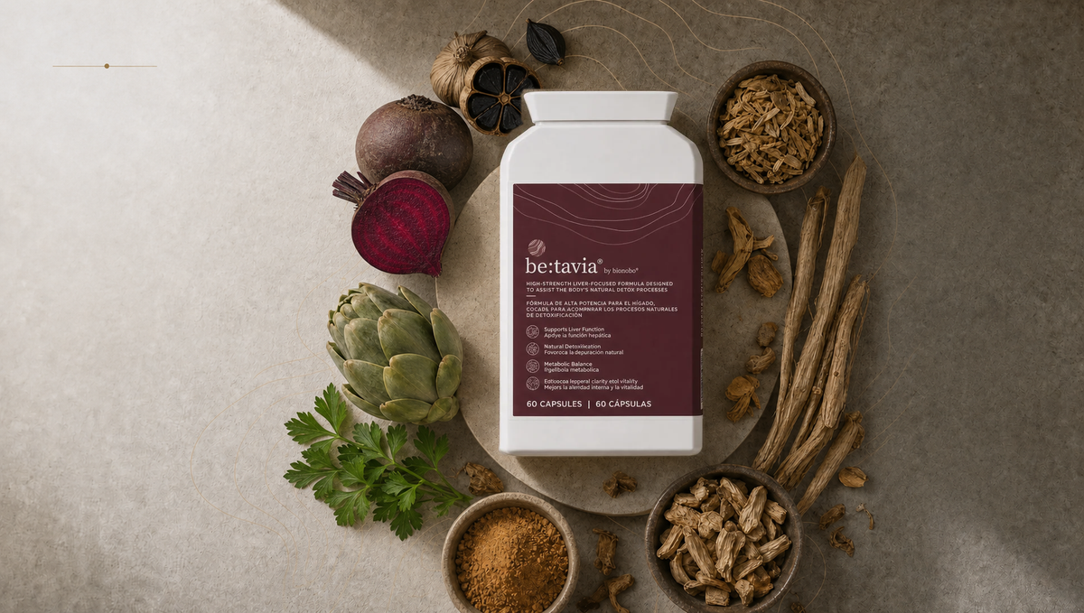 Betavia tub surrounded by beetroot, black aged garlic, artichoke, parsley and liver-support botanicals.
