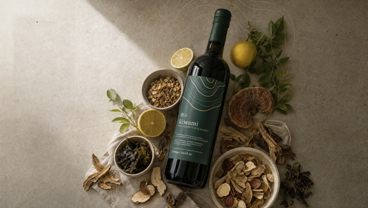 Kiwami kōso tonic surrounded by fruits, roots, mushrooms and seaweed