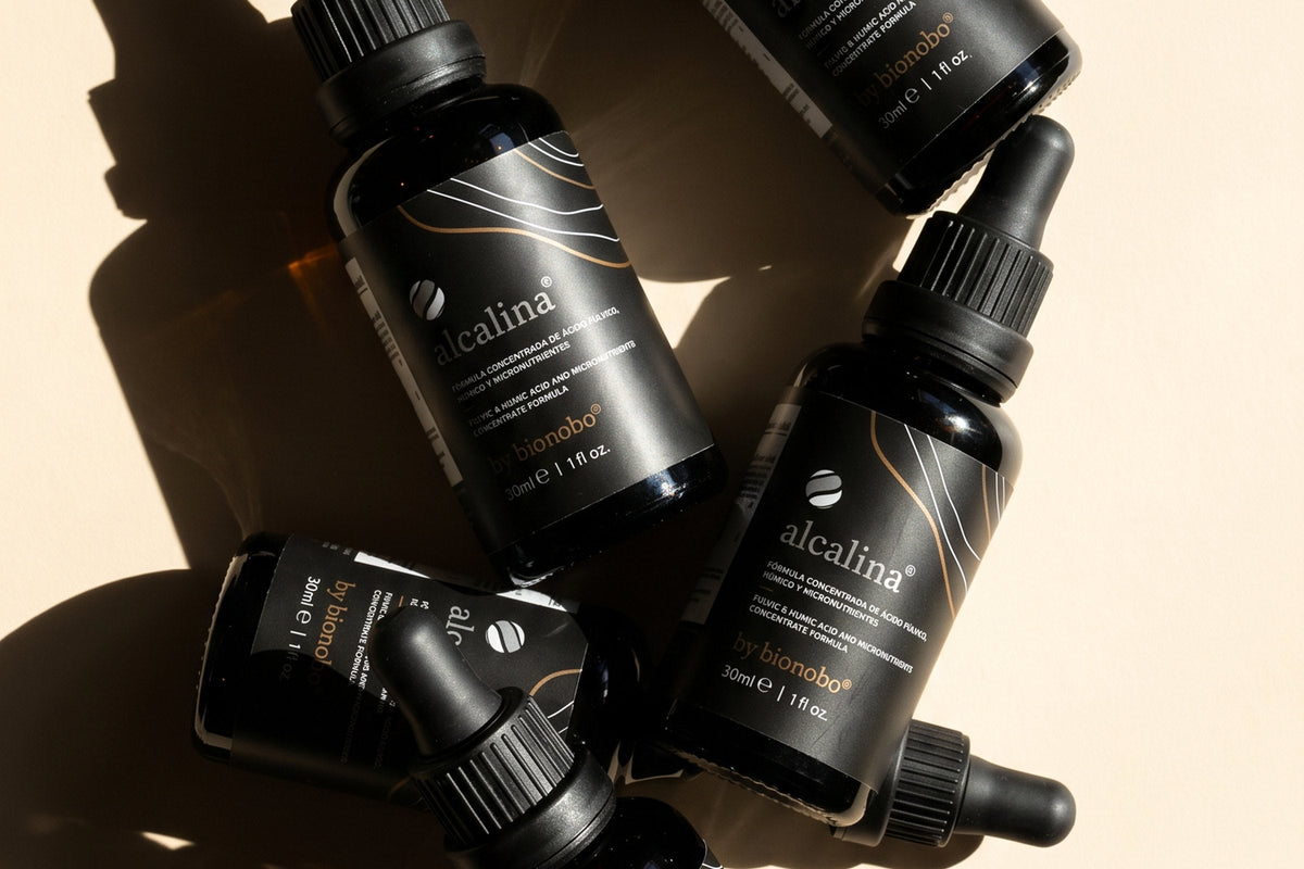 Four alcalina bottles arranged in afternoon light