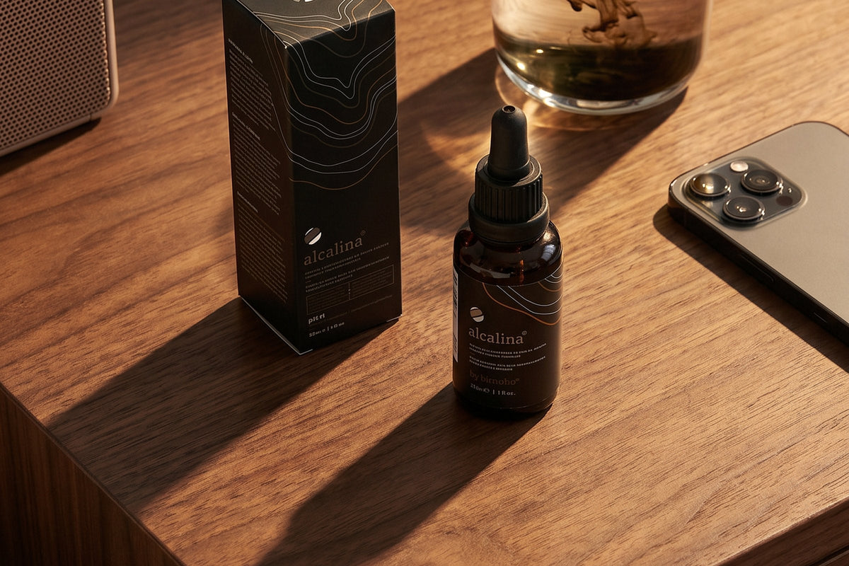 An alcalina bottle and carton on a wooden desk beside a glass of tea