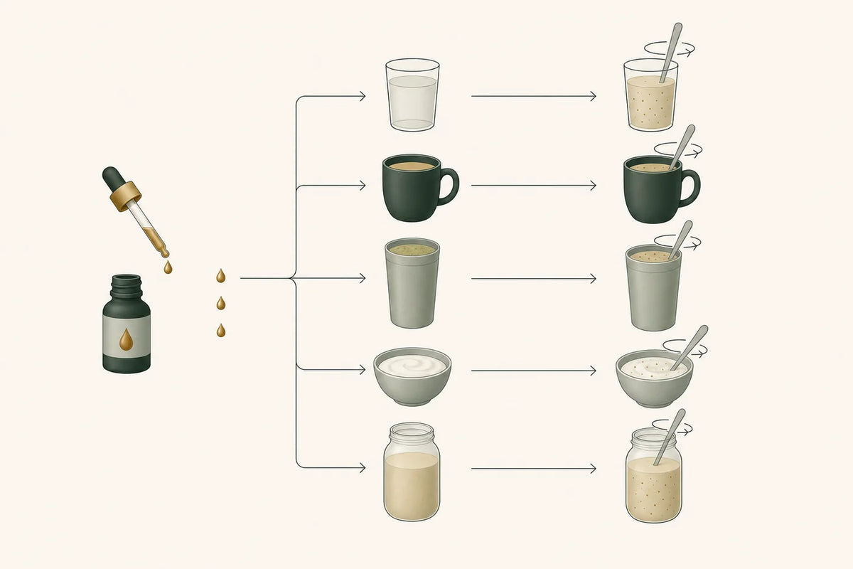 Fulvic mineral drops branch from a dropper into water, tea, a smoothie, yoghurt and salad dressing, where they are mixed.