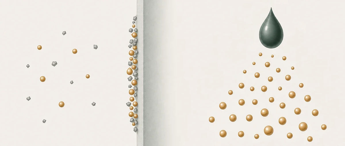 Water carrying mineral grains and contaminant specks meets a flat filter sheet that stops both, leaving bare water beyond it, with a drop releasing minerals back into it