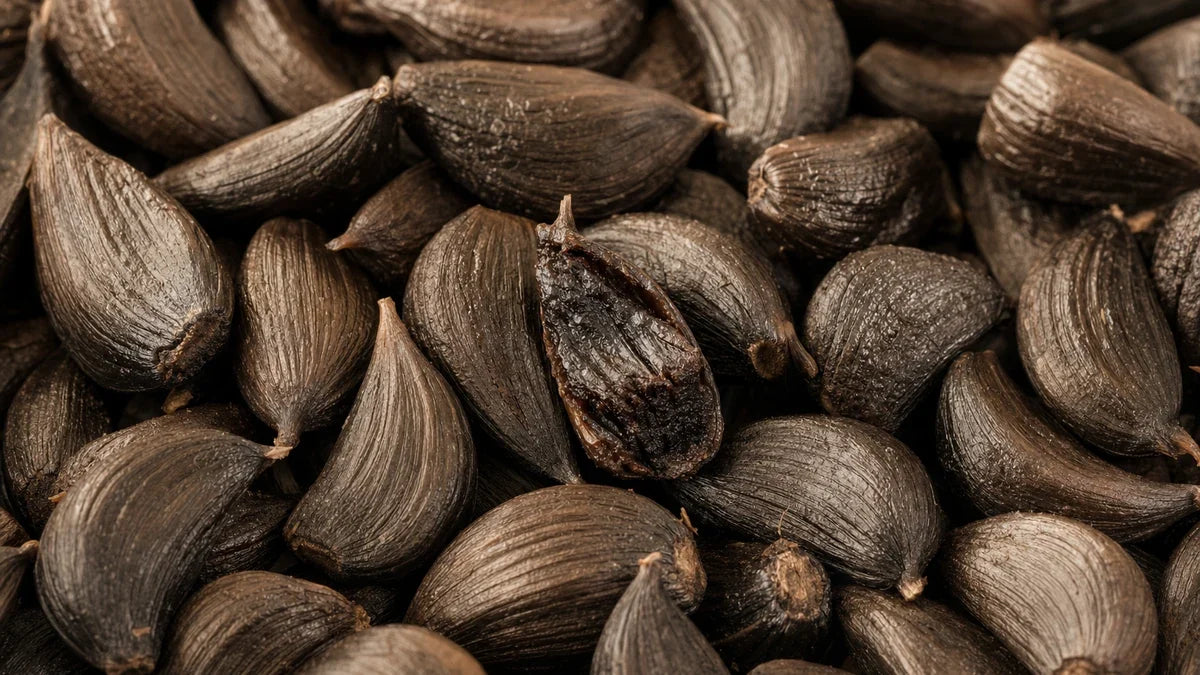 A close macro of black garlic